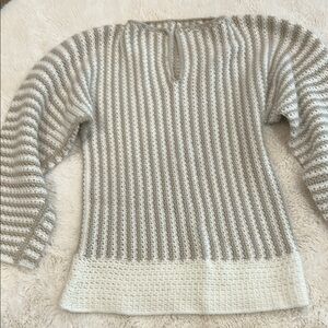 Hand Crocheted Elegant Striped Crew Neck Sweater - Tan and Cream